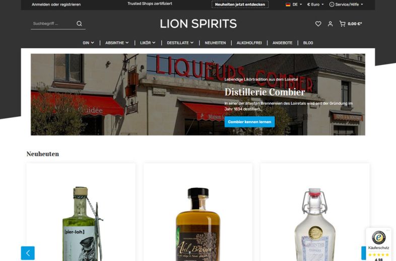 Onlineshop des Kunden LION SPIRITS