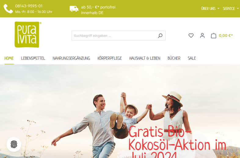 Onlineshop des Kunden PuraVita Naturwaren