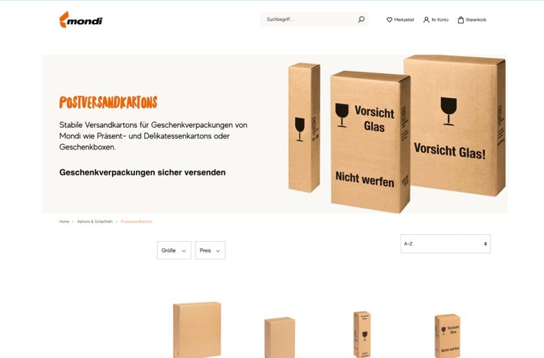 Onlineshop des Kunden Mondi Packsolution