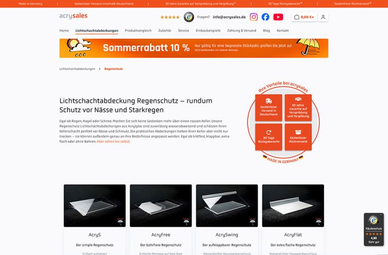 Onlineshop des Kunden AcrySales® Lichtschachtabdeckungen