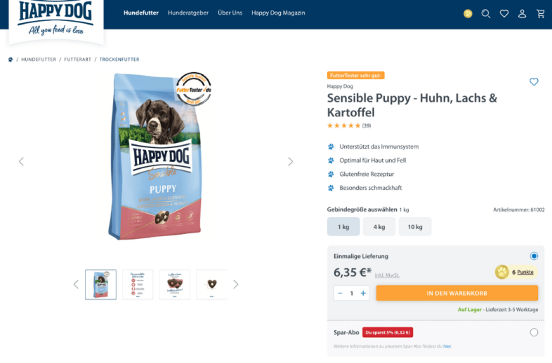 Onlineshop des Kunden Happy Dog
