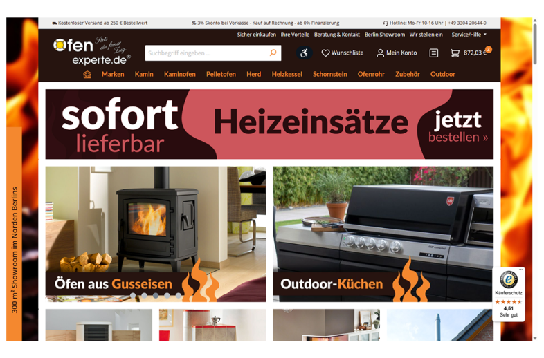 Onlineshop des Kunden Ofenexperte.de