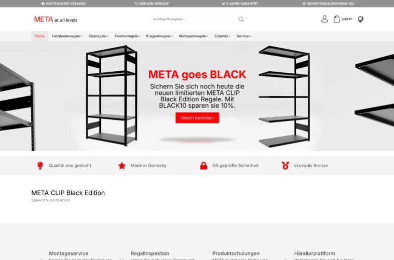 Onlineshop des Kunden Meta Regalbau