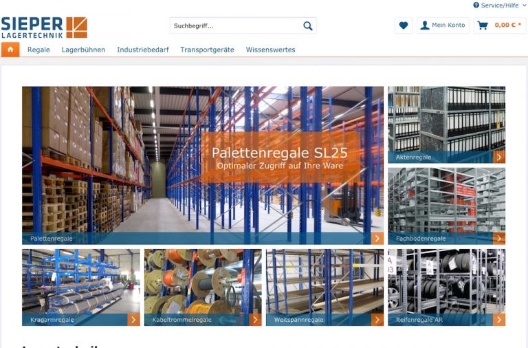 Onlineshop des Kunden Sieper Lagertechnik