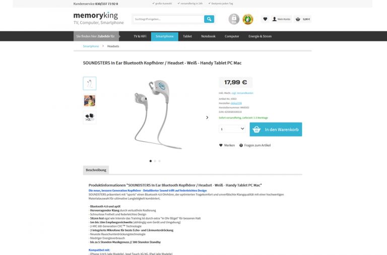 Onlineshop des Kunden Memoryking